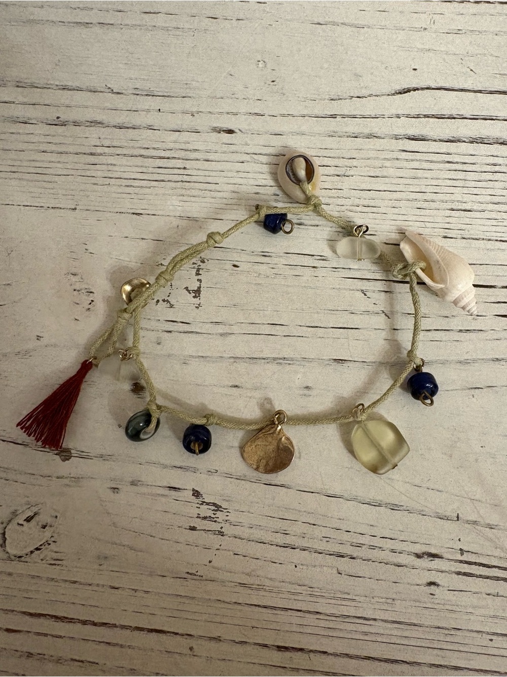 Anthropologie Natural Cord Anklet with Navy Beads and Red Tassel